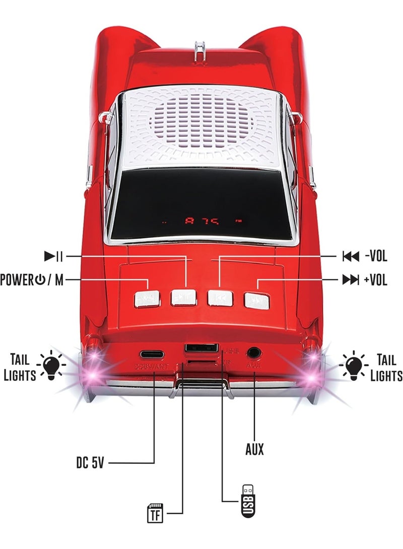 Retro Style Bluetooth Speaker with Classic Car Design, Dual 2-Inch Speakers, Hands-Free Calling, Built-in Microphone, FM Radio & LED Party Lights – Red - Image 5